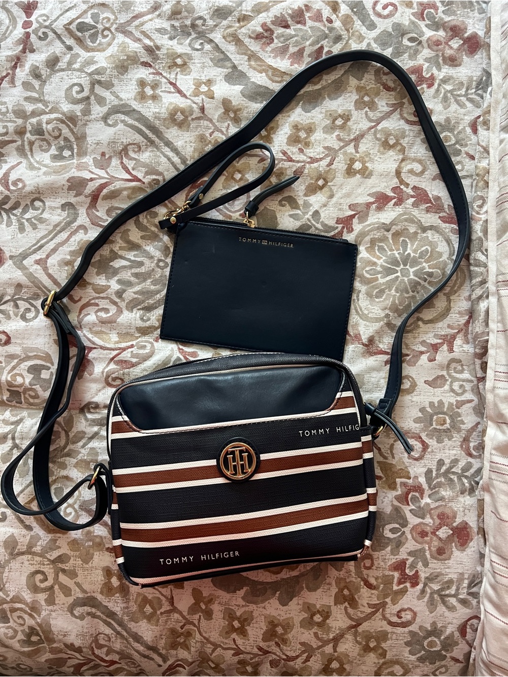 Tommy Hilfiger Black, Brown and White Striped Crossbody with Detachable Pouch